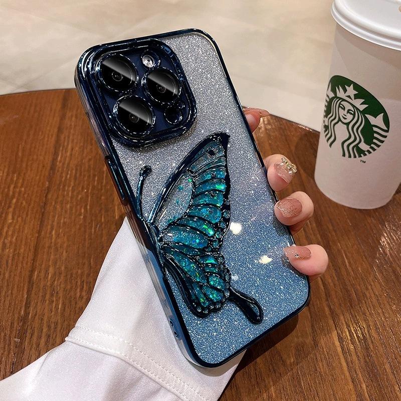 Glitter quicksand butterfly is suitable for Apple 16ProMax mobile phone case 15 with its own lens film 14 advanced sense 13 light luxury