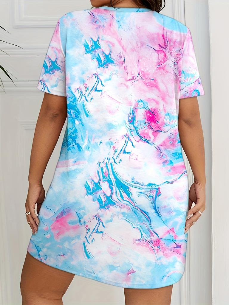 Летнее платье большого размера с микро-стрейчем для женщин с 3D-принтом, круглое платье-пуловер с коротким рукавом, свободное платье