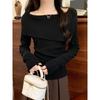 Design Sense One-word Shoulder Lapel Long-sleeved Knitted Sweater Women's Inner Slim-fitting Sweet and Spicy Bottom Sweater Outer Top