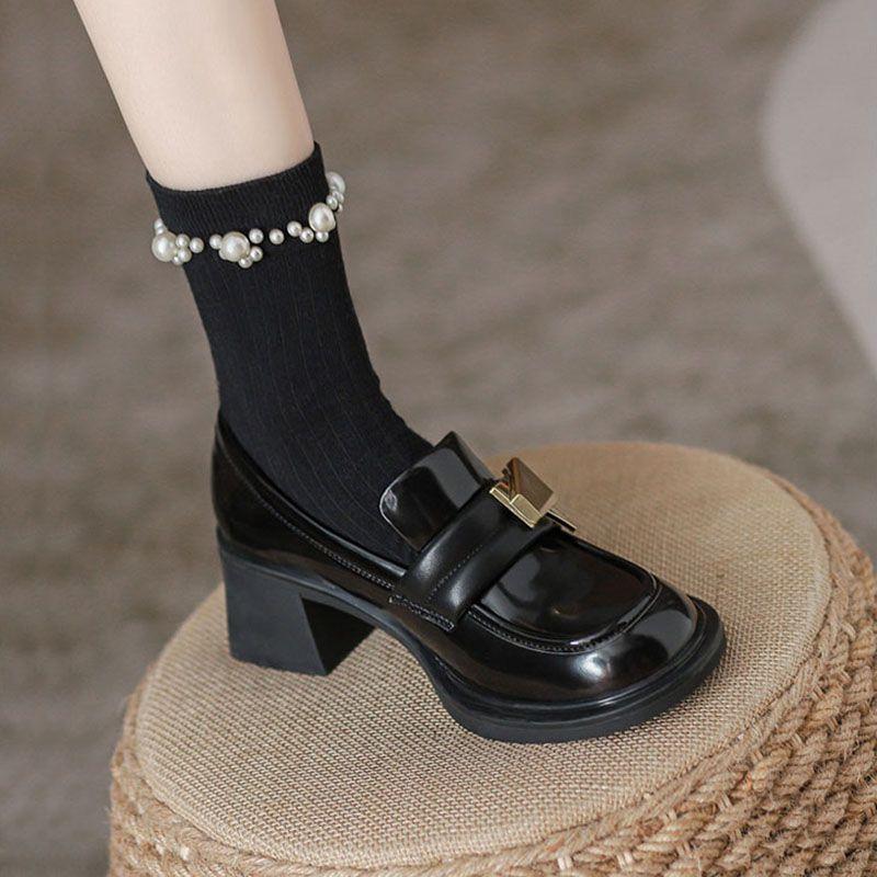 Fashion Loafers with Medium Heels Normal Leather Casual Black Shoes for Women 2024 Square Ladies Summer Footwear Chic and Elegant Y2k 39