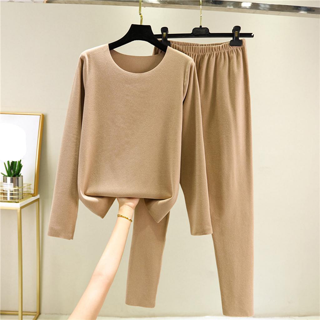 Ladies' Casual And Comfortable Long Sleeved Solid Color With Thick Velvet Sleepwear And Warm Pants Set