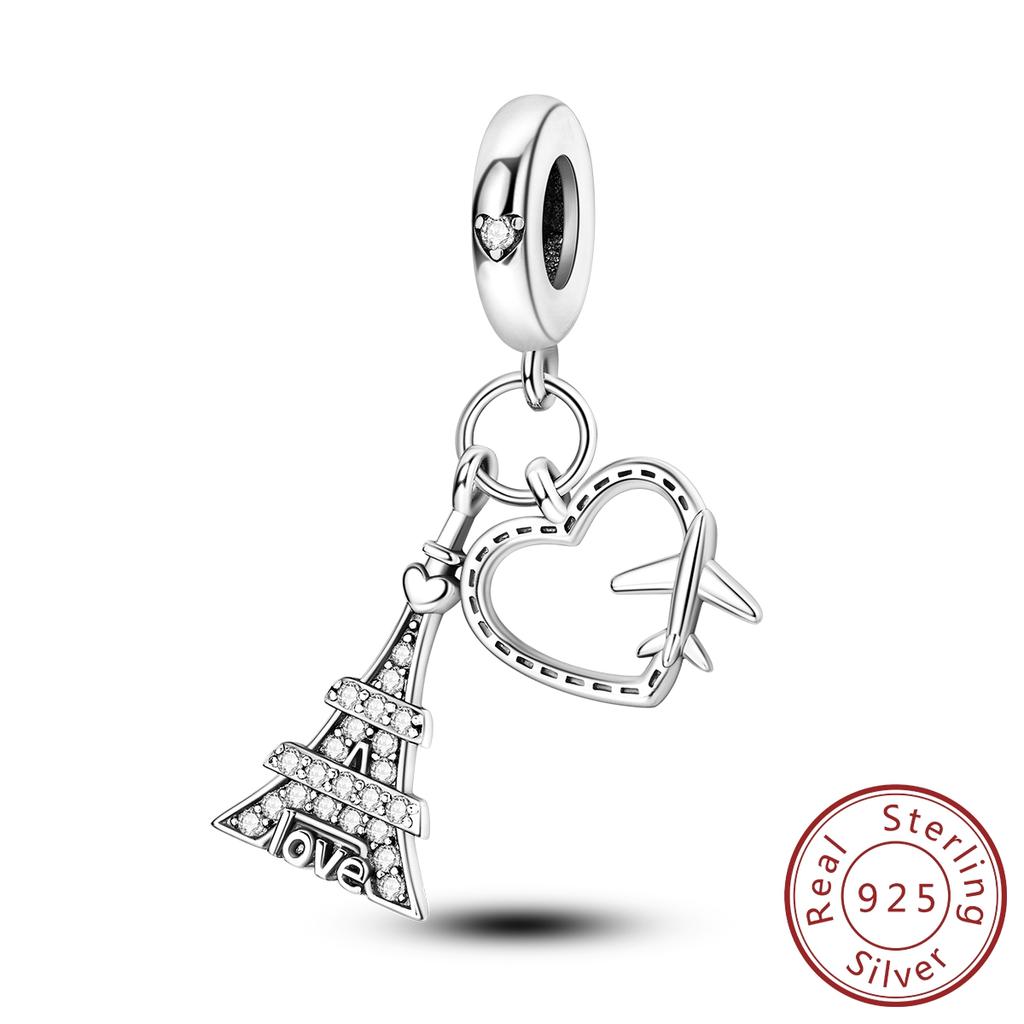 MULA 925 Silver Eiffel Tower Pendant Bead Original Travel Charms for Children's Bracelet Making Jewelry Gift with Zircon