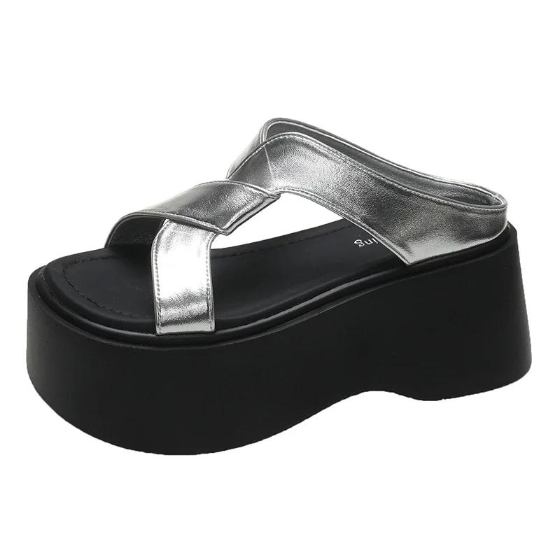 Модные летние женские тапочки, пляжные шлепанцы, женские туфли из толстой кожи, босоножки на танкетке, женские тапочки на высокой платформе 8 см