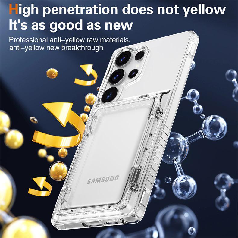 Прозрачный чехол-книжка для Samsung Galaxy S25 Ultra с держателем для карт и защитой от падений.