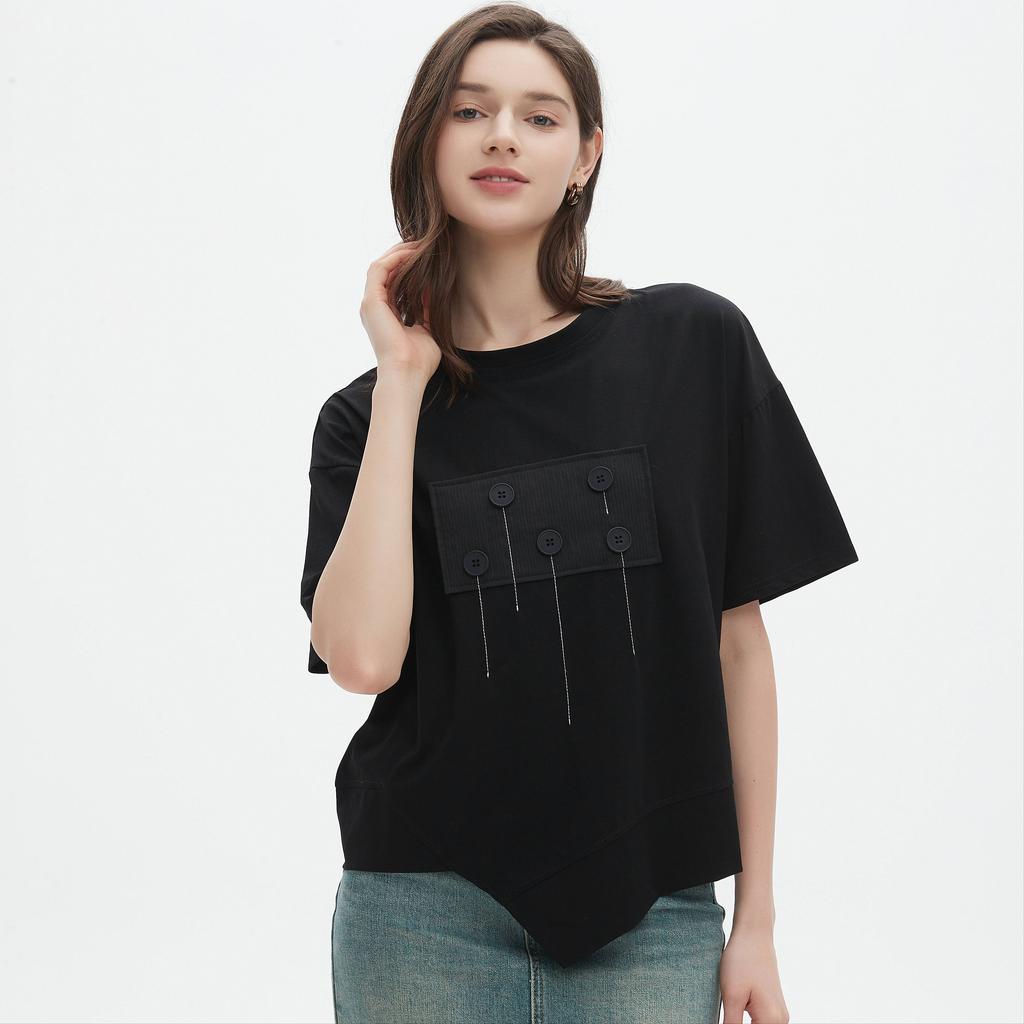 Dimanaf 2025 Summer Pocket T-shirt Women Printing Buttons Asymmetrical Short Sleeve Loose