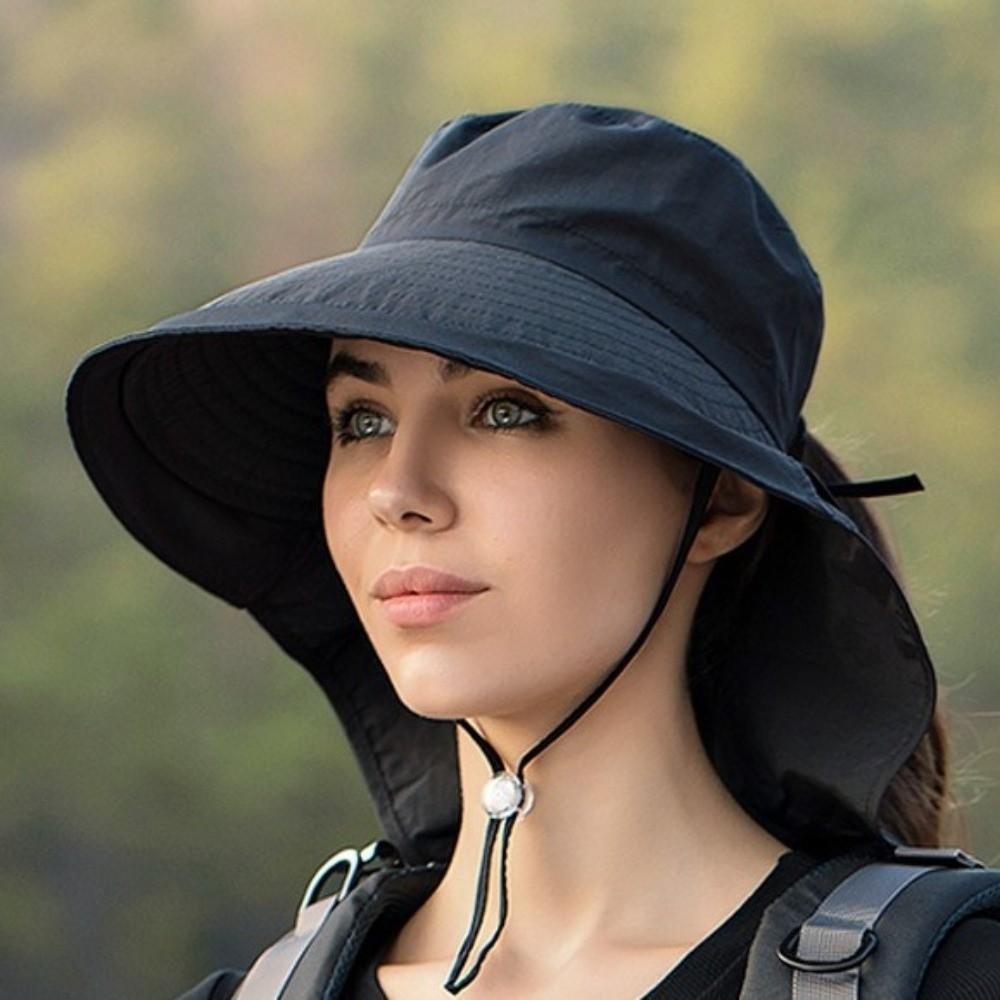 Solid Color Wide Brim Sun Hat with Neck Cover Korean Style Fisherman Hat Adjustable Neck Protection Women Bucket Hat