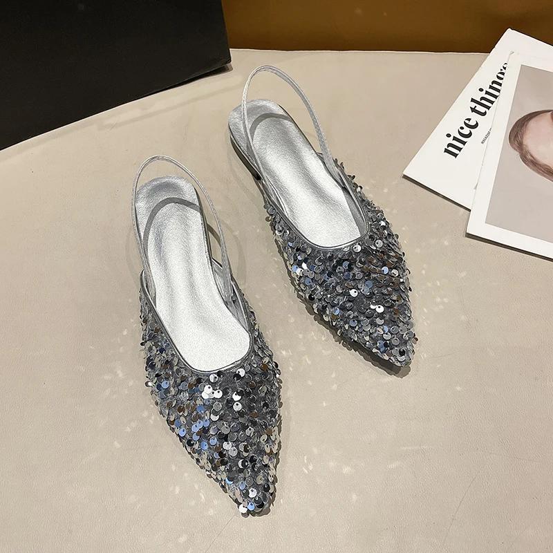 Мода 2025 Новые Летние Женские Сандалии с Закрытым Носком Модные Туфли-Слипоны с Пайетками Женские Элегантные Вечерние Платья Балетки Сандалии