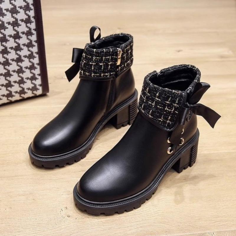 Lace-up Bow Booties Fashion Round Toe Side Zipper Soft Sole Anti-Slip Wear-Resistant Block Heel Shoes for Women