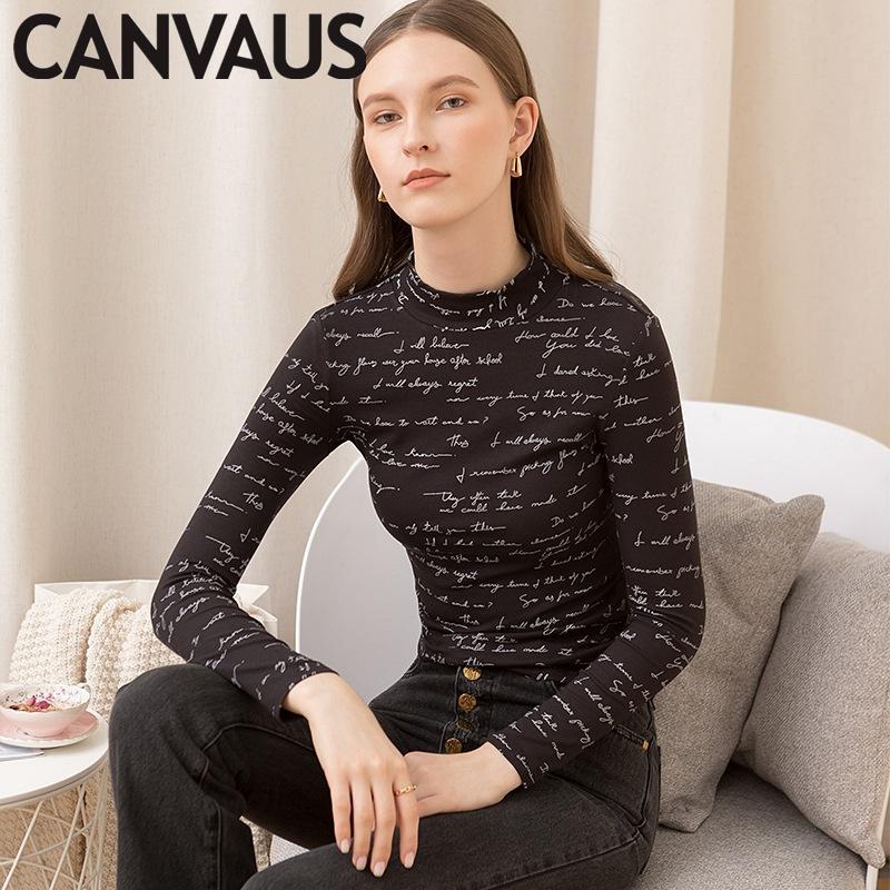 CANVAUS Женские топы с длинными рукавами и буквами с резьбой, тонкая модная базовая рубашка с высоким воротником