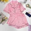 Women Pajamas Set Short-Sleeved Student Homewear Two-Piece Cardigan Lapel Senior Sense of Striped Short-Sleeved Short