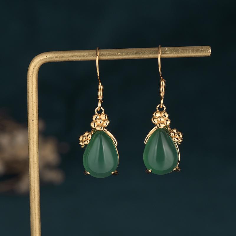 Серьги-подвески в придворном стиле Айюань из позолоченного халцедона и агата в форме капли для женщин