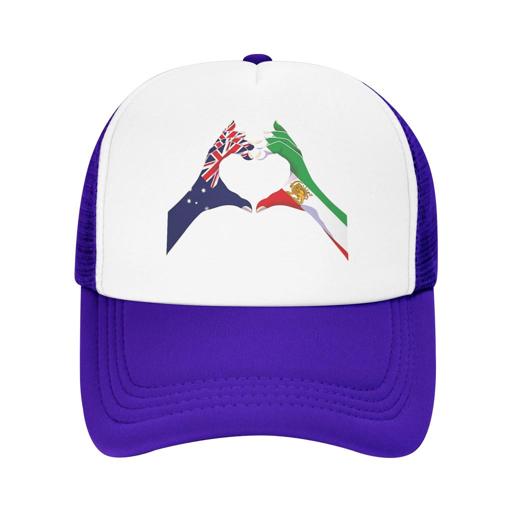 Australian Iranian Unity  Heart Hands with Lion and Sun Baseball Cap  Streetwear Men Mesh Trucker Hat Design Baseball Caps Gift