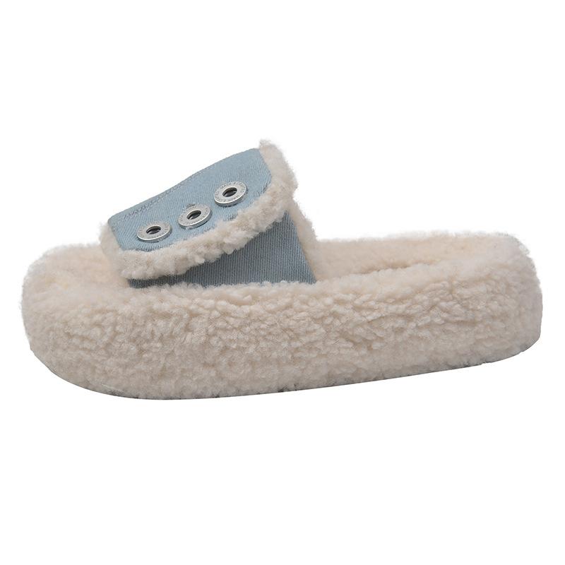 Модные плюшевые шлепанцы на массивной платформе для женщин, осенние, с толстой подошвой, дизайнерские, джинсовые, пушистые, уличные, женские, нескользящие, с коротким плюшем