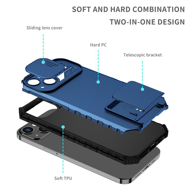 Sliding Lens Protection Kickstand Armor Phone Case For iPhone Samsung Xiaomi OPPO VIVO MOTO Infinix Drop-resistant Heavy Duty Back Covers