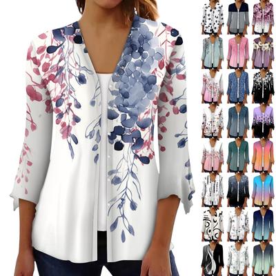 Рубашки с рукавом 3/4 для женщин, свободная футболка с принтом, топы с v-образным вырезом и рюшами на рукавах