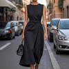 Женское летнее платье макси без рукавов, платье-майка с круглым вырезом и складками, повседневное деловое рабочее платье миди