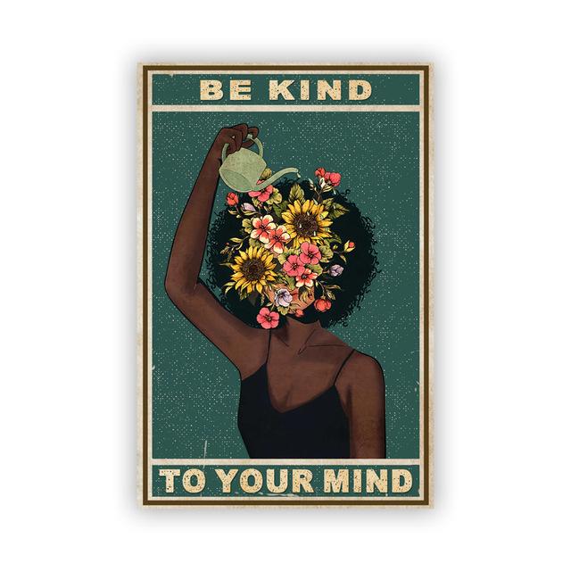 Плакат о психическом здоровье черной девушки Mental Be Kind To Your Mind, позитивные художественные принты, африканская женщина, винтажная картина на холсте, домашний декор