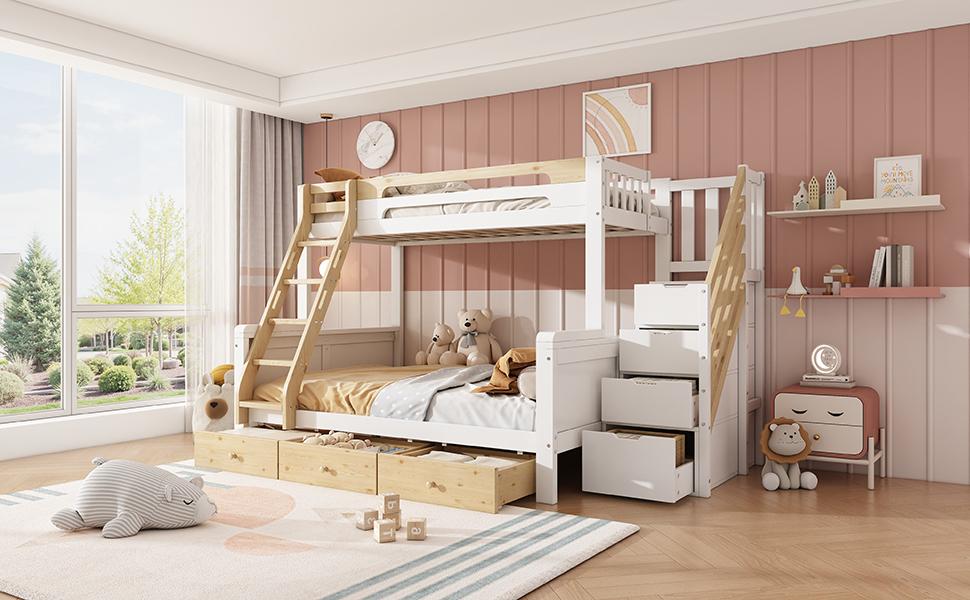 Bunk bed 90x200/140x200 cm white & natural, family bed made of wood with storage stairs, ladder, 3 bed drawers and fall protection for children's room