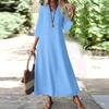 Женская мода V-образный вырез рукав семь карман однотонный молния повседневный отпуск длинные хлопково-льняные платья