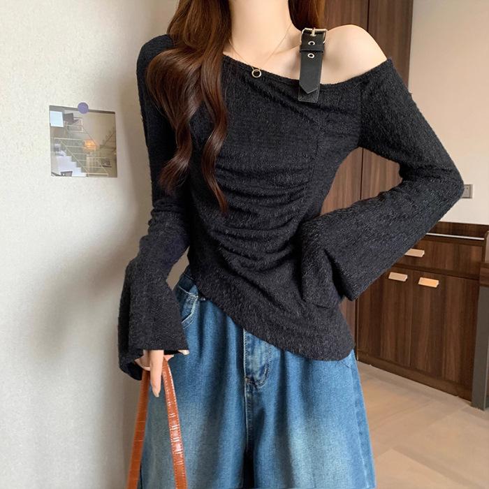 Design Pure Style Off-shoulder Long-sleeved Top for Women's Spring and Autumn Thin Slim Knitted Sweater