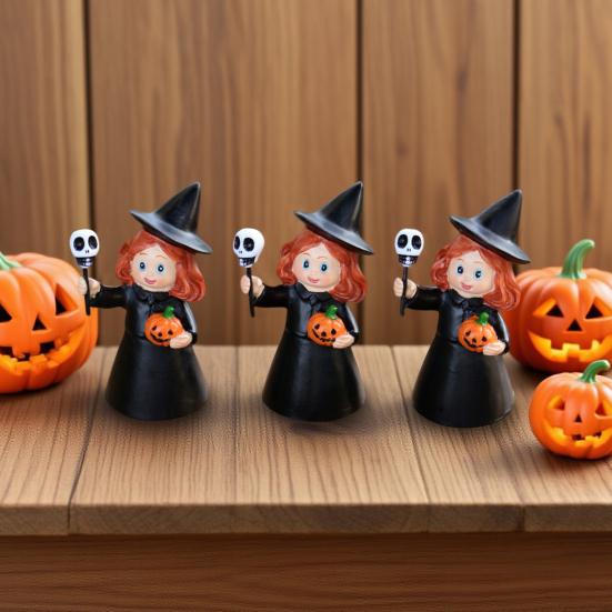 3Pcs Halloween Witch Figurine Holding Skull Pumpkin Cartoon Witch Resin Statue Sculpture Home Office Holiday Party Decoration Ornament
