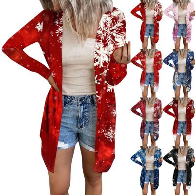 Женский повседневный кардиган с длинным рукавом и рождественским принтом с карманами