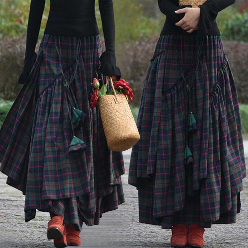 Женская модная клетчатая макси-юбка в стиле ретро в народном стиле, нерегулярная плиссированная длинная юбка с высокой талией