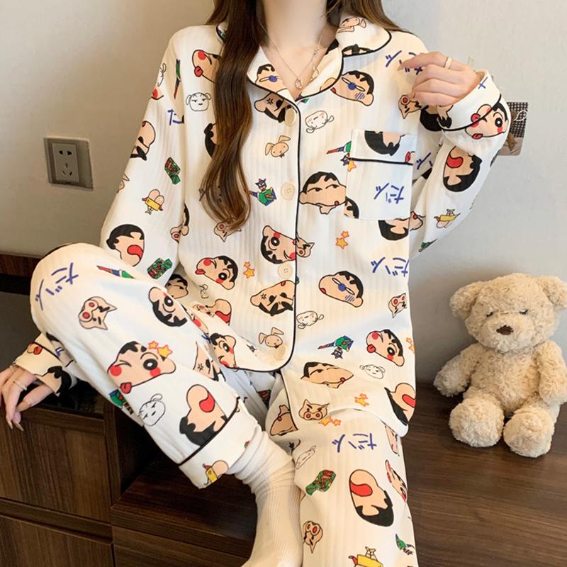 Air cotton pajamas women's autumn and winter interlayer warm long-sleeved suit cartoon embroidered loungewear real shot