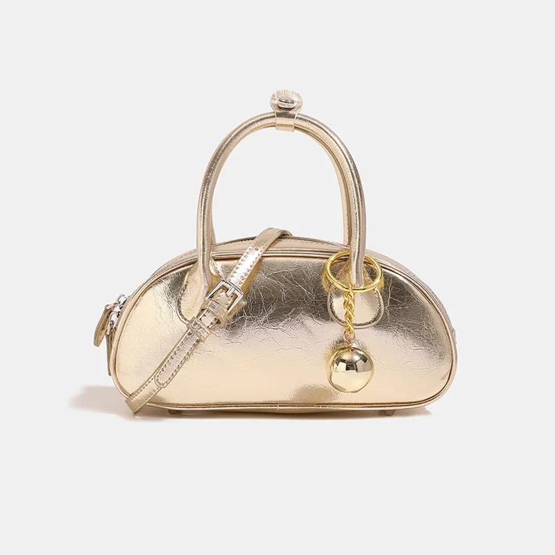 Gold Silver Stylish Exquisite Bowling Bag 2025 New Original Design Crossbody Bag Simple Premium Feeling Tote Shoulder Boston
