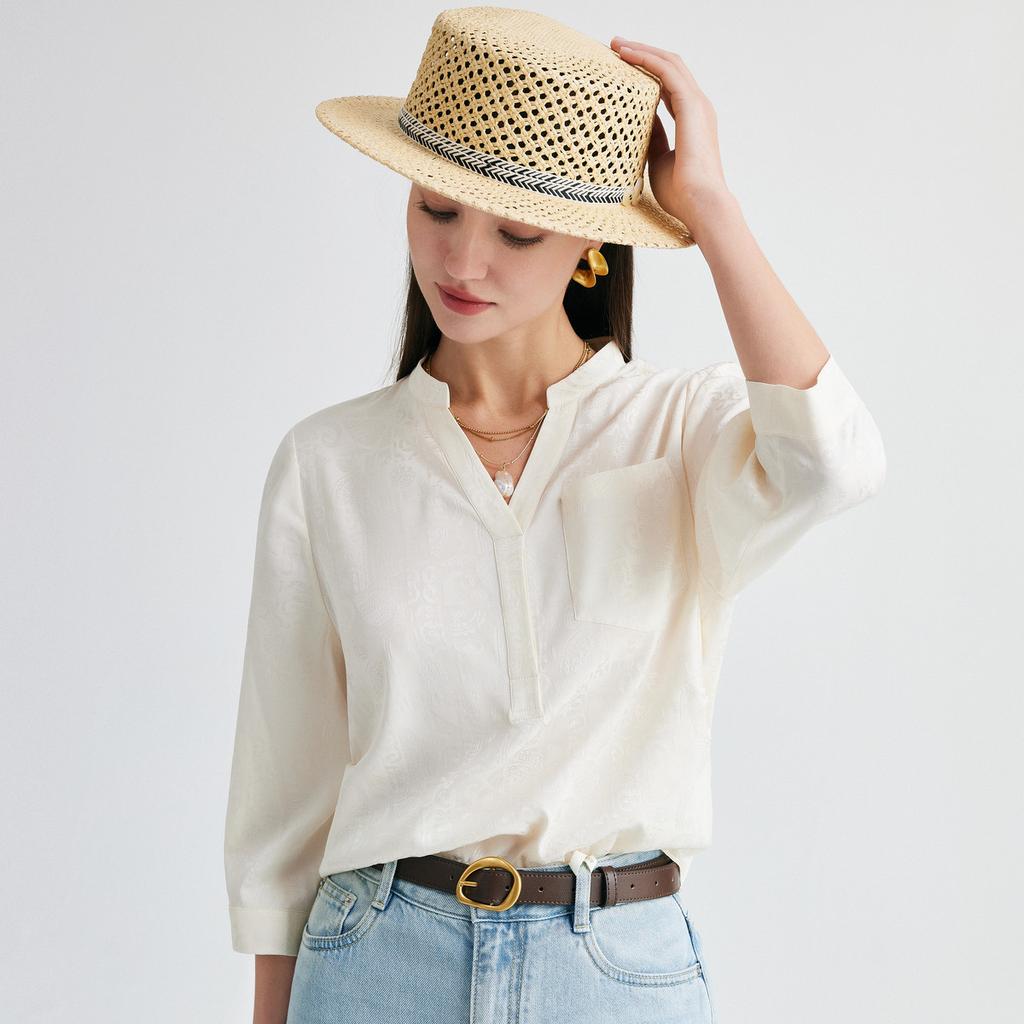 19mm stretch jacquard] Spring and summer new V-neck age reducing versatile heavyweight mulberry silk shirt for women