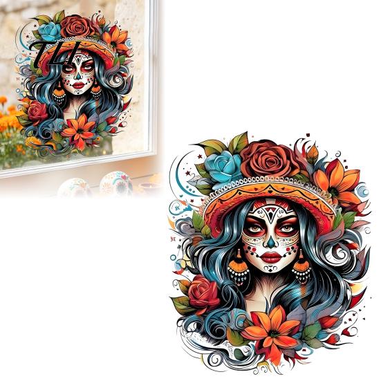 Easy Peel And Stick Glass Stickers Day of The Dead Women Static Window Stickers, Colorful Floral Woman Waterproof PVC Film Decals, Decorative