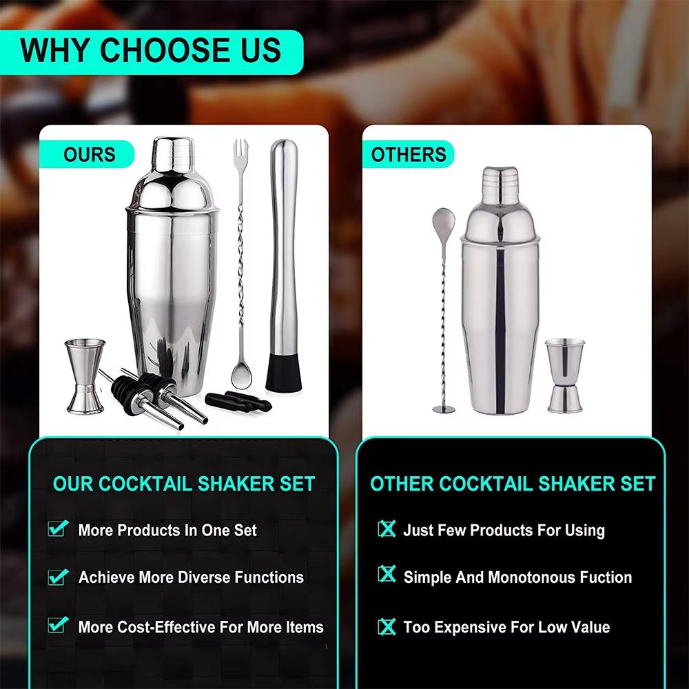 6pcs 750ml Cocktail Shaker Set Stainless Steel Bartender Kit Martini Mixer Barware Mixing Tools