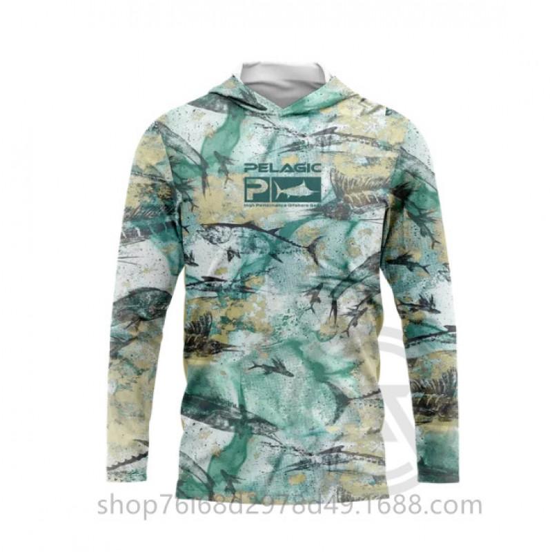 Mens Quick-Dry Ice Silk Long Sleeve Fishing Shirt UPF50 Sun Protection Hooded Tee With Integrated Face Cover