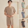 2Pcs/Set Men Pajamas Set O-Neck Short Sleeve T-shirt Elastic Waist Shorts Set Solid Color Home Clothing Suit