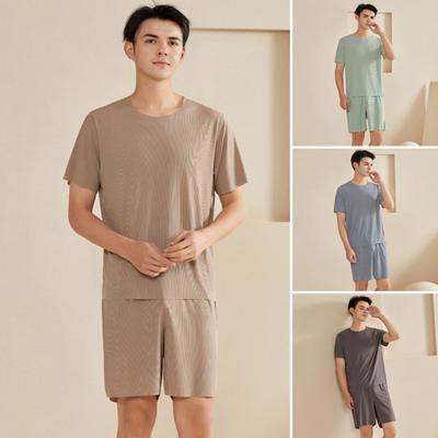 Комплект из 2 предметов: мужская пижама, футболка с коротким рукавом и круглым вырезом, эластичный пояс, шорты, комплект, однотонная домашняя одежда, костюм