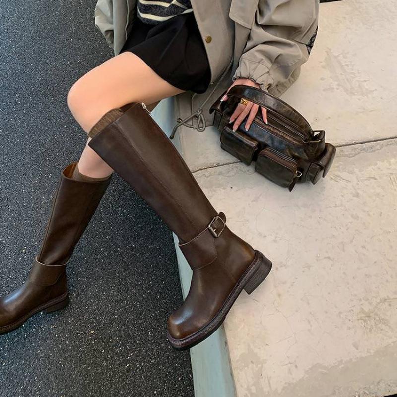 Женские кожаные ботинки на среднем каблуке, кожаные, большого размера, с задней молнией, на толстой подошве, нескользящие, с высоким голенищем, универсальные ботинки Мартин для осени и зимы
