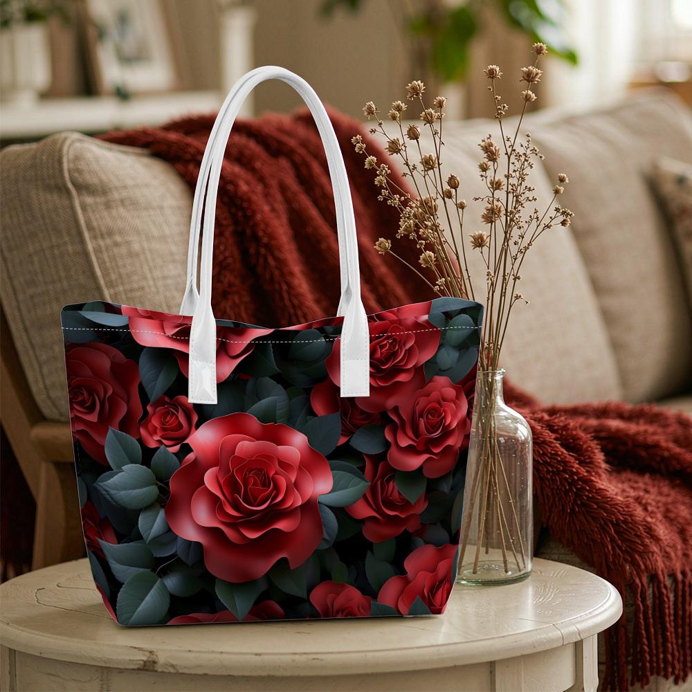 Red Rose Pattern Tote Bag Fashion Daily Carry Shoulder Handbag