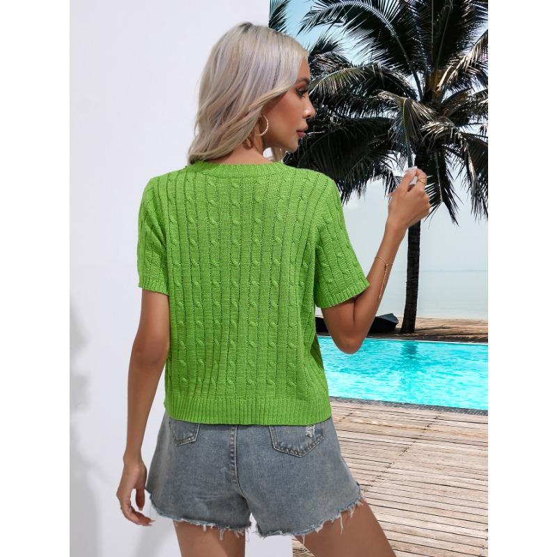Women's Twist Short Sleeve Pullover Knit Sweater Spring and Summer Round Neck Solid Colour Knitwear
