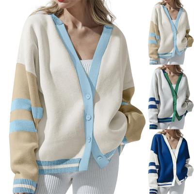 Женский модный свободный свитер с V-образным вырезом и длинным рукавом в полоску