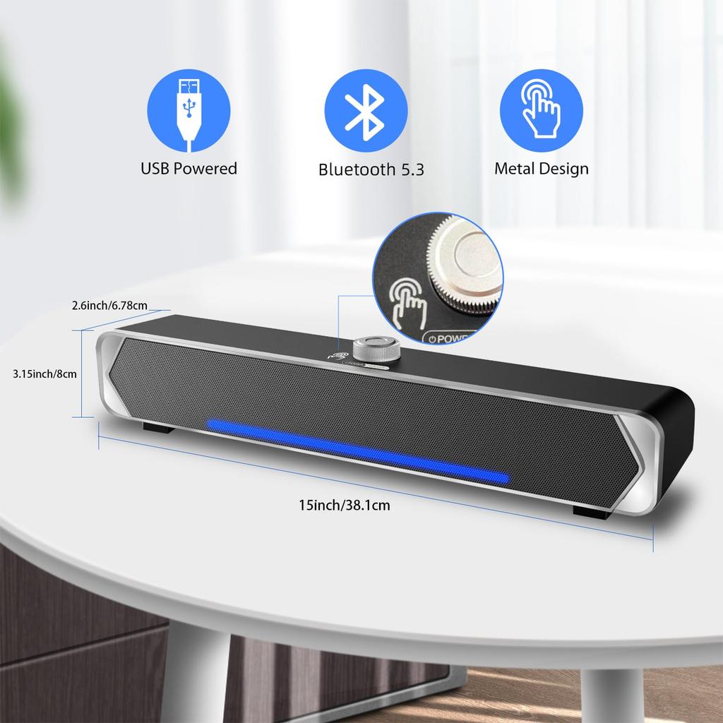 PHISSION Стереосаундбар с питанием от USB и разъемом AUX для ПК, телевизоров, настольных компьютеров, ПК и смартфонов