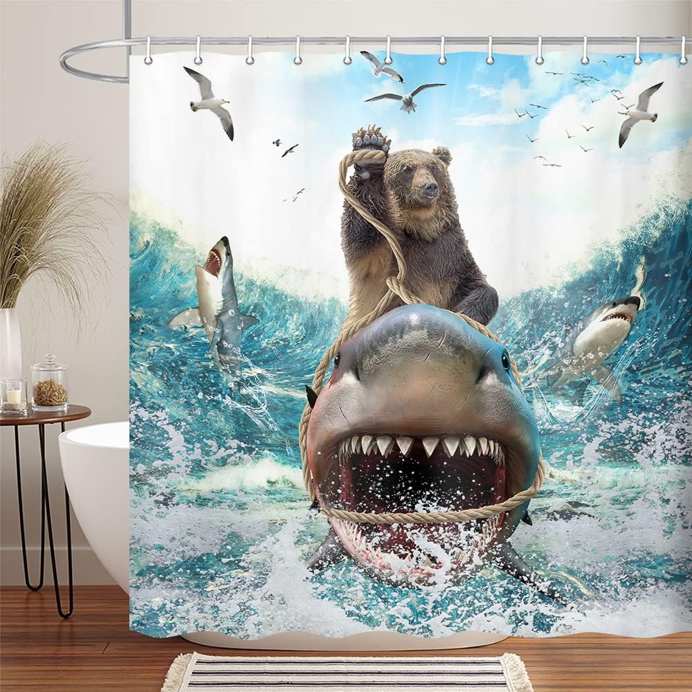 Funny Bear Riding Shark Shower Curtain Ocean Adventure Comical Animal Art Kids Bathroom Decor with 12 Hooks