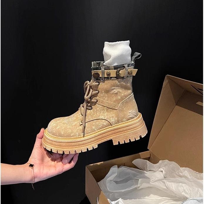 Сапоги Ковбойские сапоги Винтажные дышащие Модные удобные универсальные короткие сапоги Летние толстые женские сапоги Рабочие ботинки в британском стиле