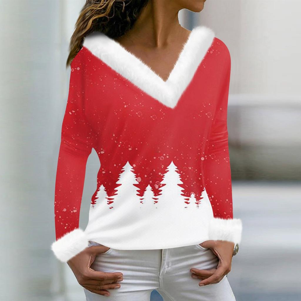 Женская мода с длинным рукавом и рождественским принтом для вечеринки, плюшевый топ с v-образным вырезом