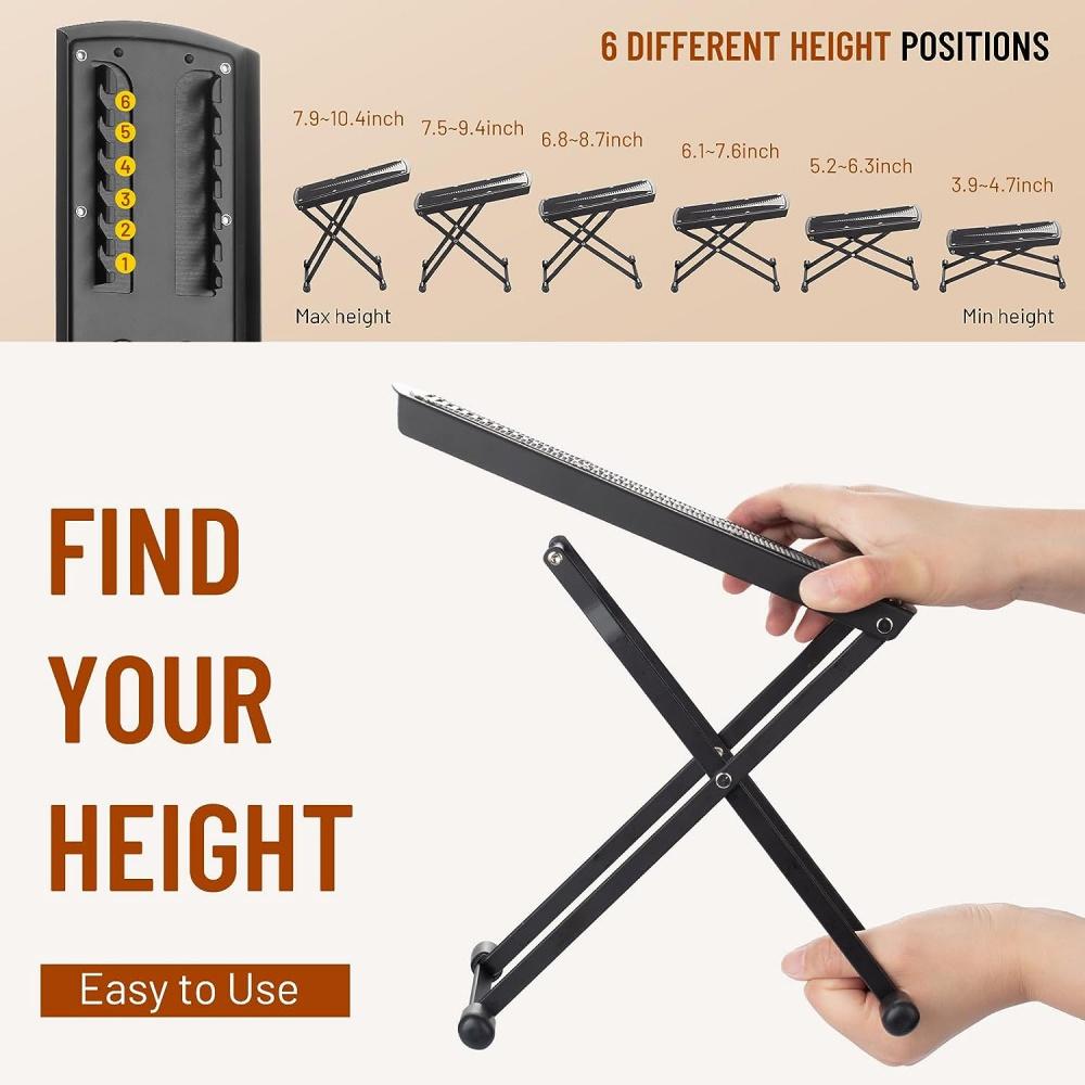 Guitar Foot Stool 6 Position Height Guitar Foot Rest Folding Extra Stable Foot Rest Stool with Rubber Feet and Non-Slip Rubber Pad