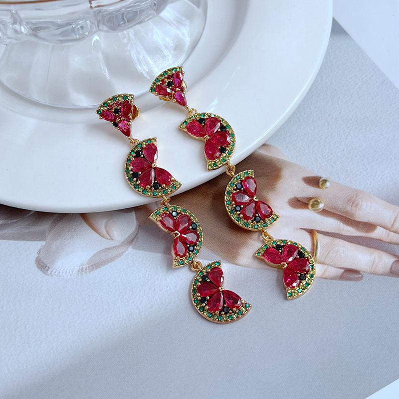 Роскошные серьги-подвески «Арбуз» со стразами из циркона