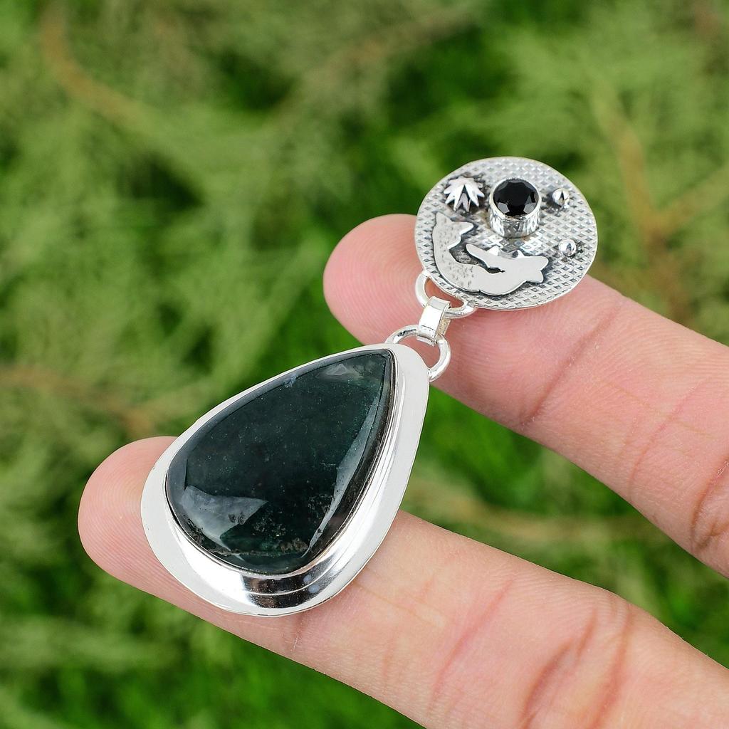 925 Silver Natural Solar Moss Agate Black Onyx Mermaid Bezel Wedding New Pendant