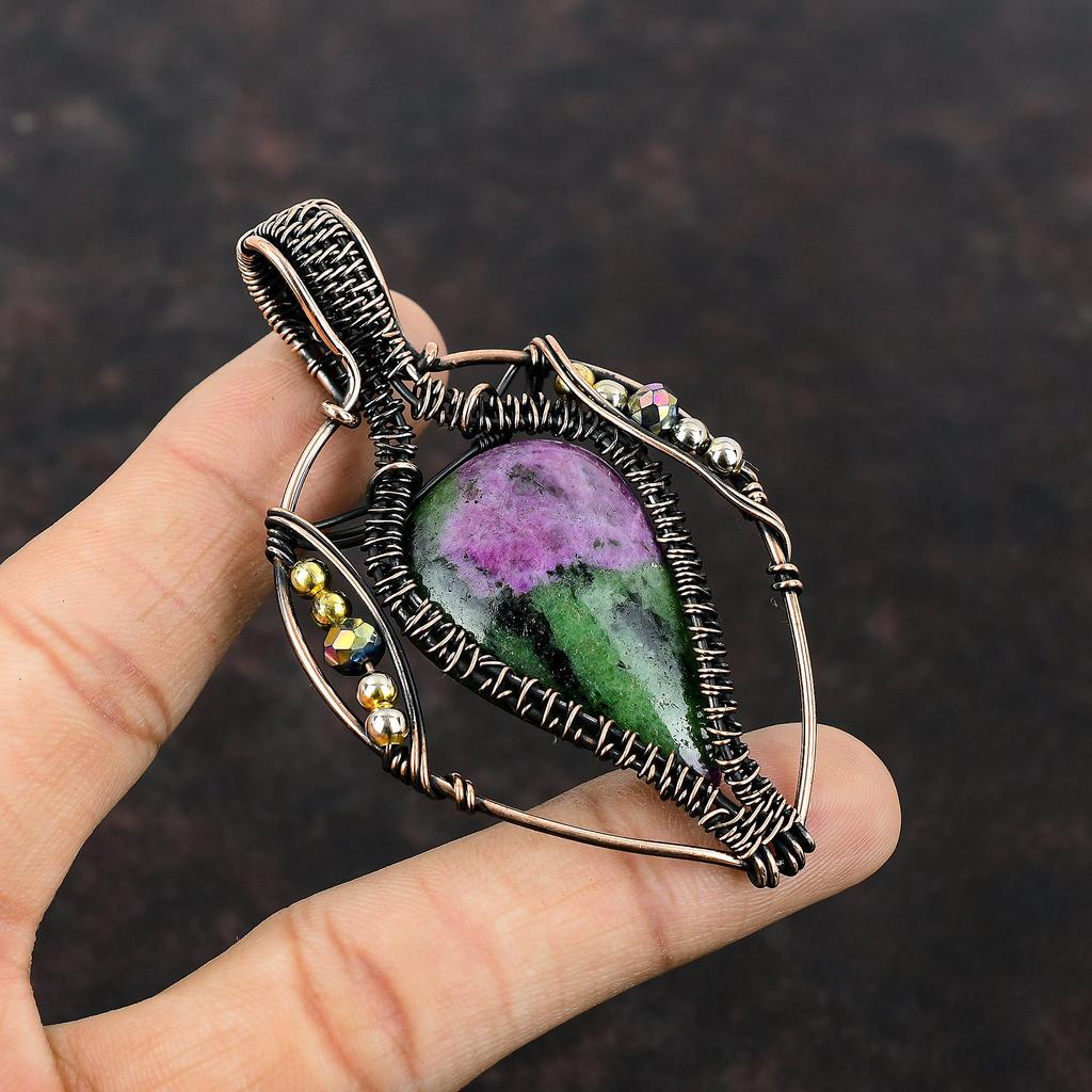 Рубиновый кулон с цоизитом, титановые бусины, медный кулон, обернутый проволокой, ювелирные изделия из драгоценных камней, кулон из проволочной обмотки ручной работы, медные украшения для подарков