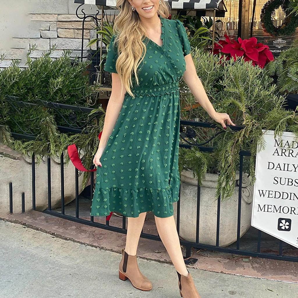 Women's Summer Dress V Neck Short Sleeve Belted Ruffle Hem A-Line Bohemian Maxi Dresses