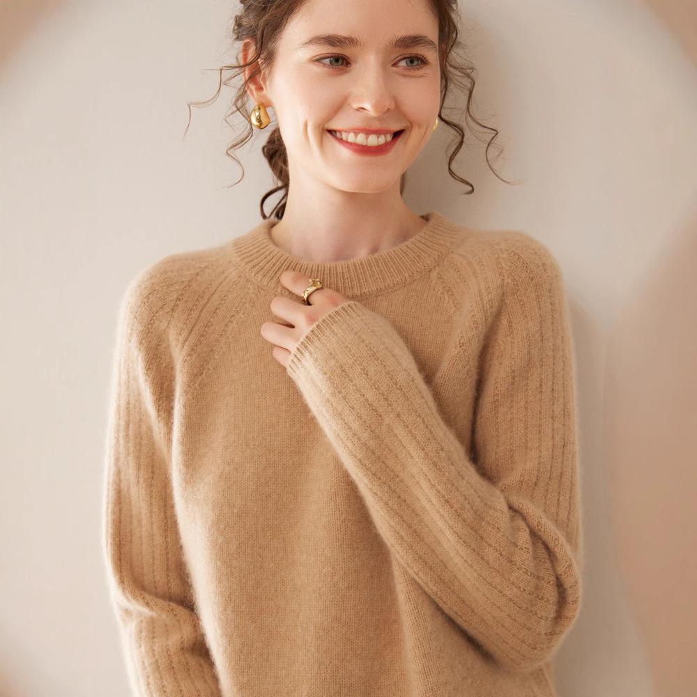 Women's Thickened Cashmere Raglan Sweater - Loose Fit, Solid Color, Round Neck, Autumn/Winter Fashion Pullover