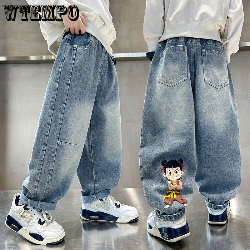 Джинсы для мальчиков Детские Модные Осенние Брюки Свободные Повседневные Брюки